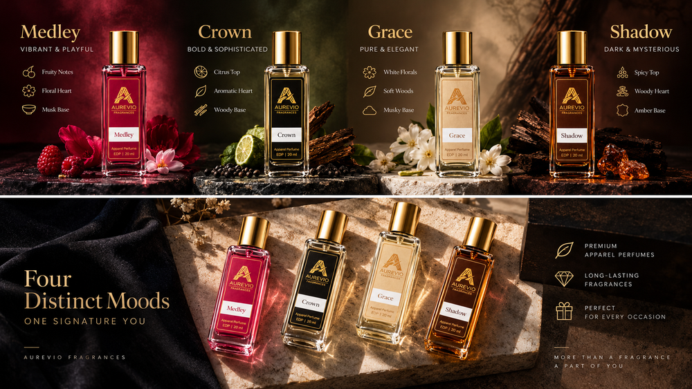 Aurevio fragrance notes: Medley, Crown, Grace and Shadow